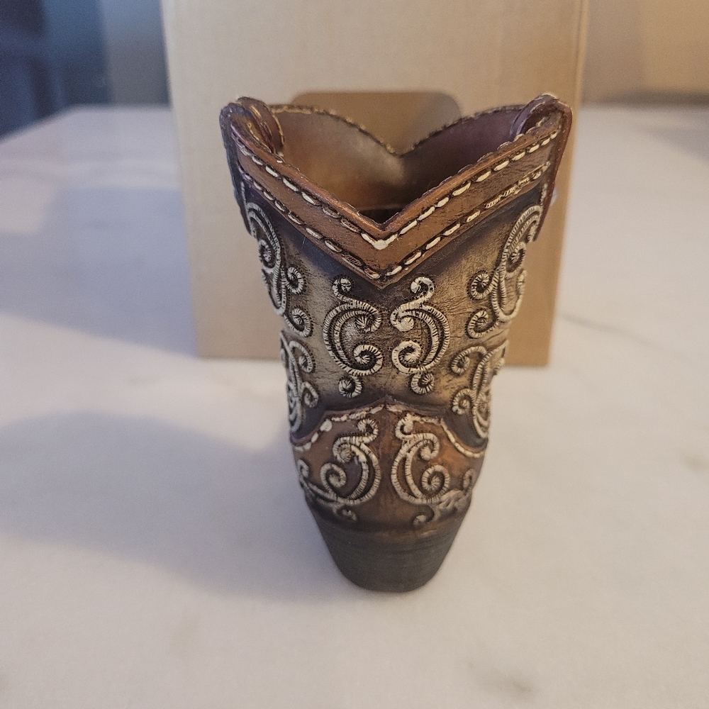 Western Style Brown Cowboy Boot Pen Holder, - Picture 2 of 6